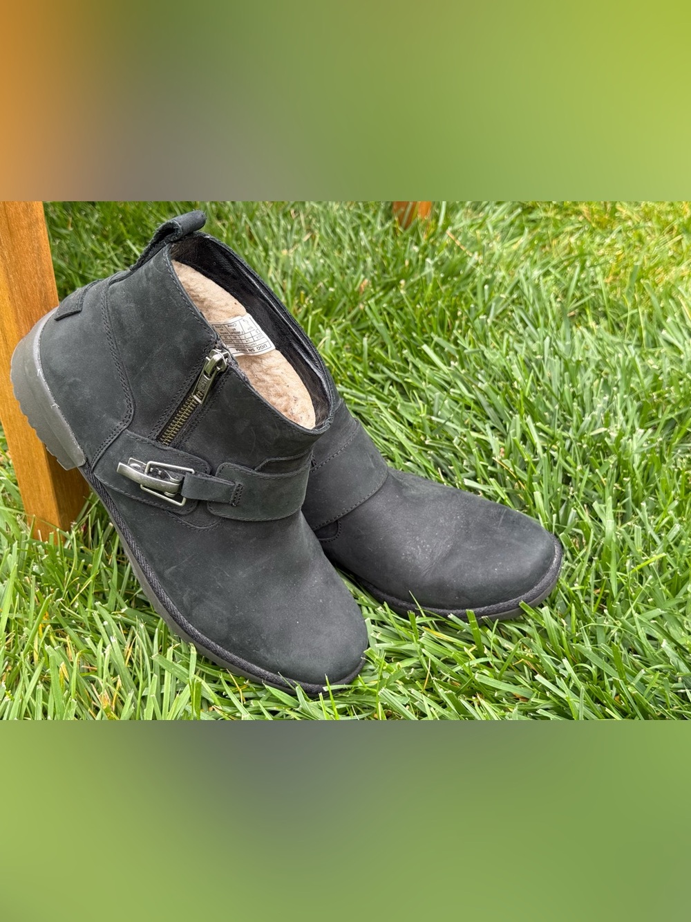 UGG Women’s Black Leather Moto Ankle Booties Buckle Strap Side Zip